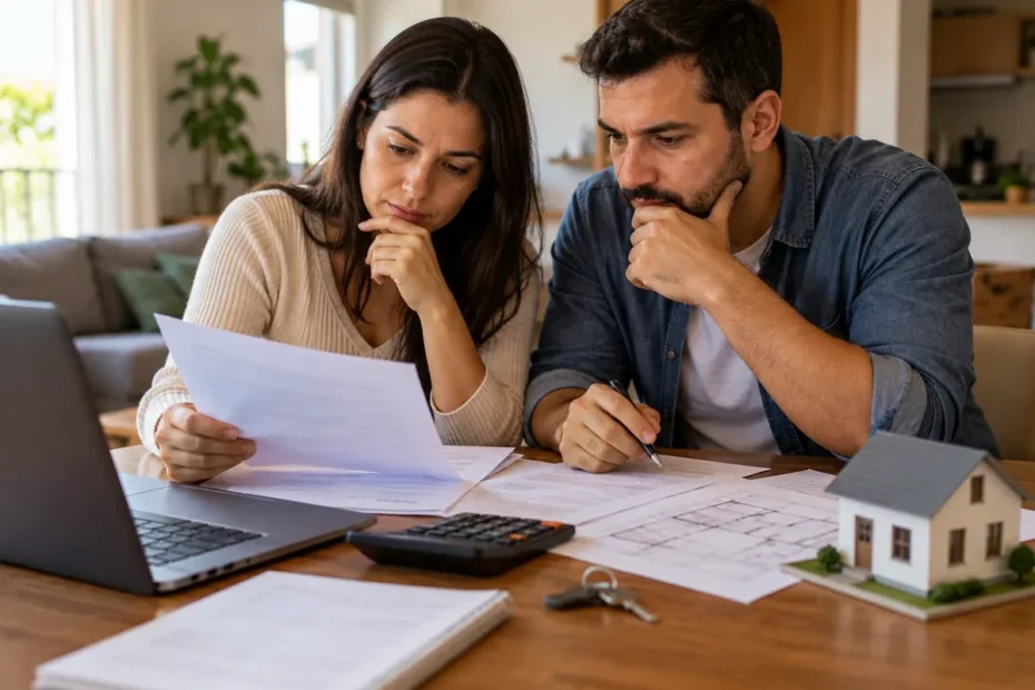 Pessoa em casa compara propostas de financiamento imobiliário no computador com calculadora, documentos e uma planta baixa de imóvel