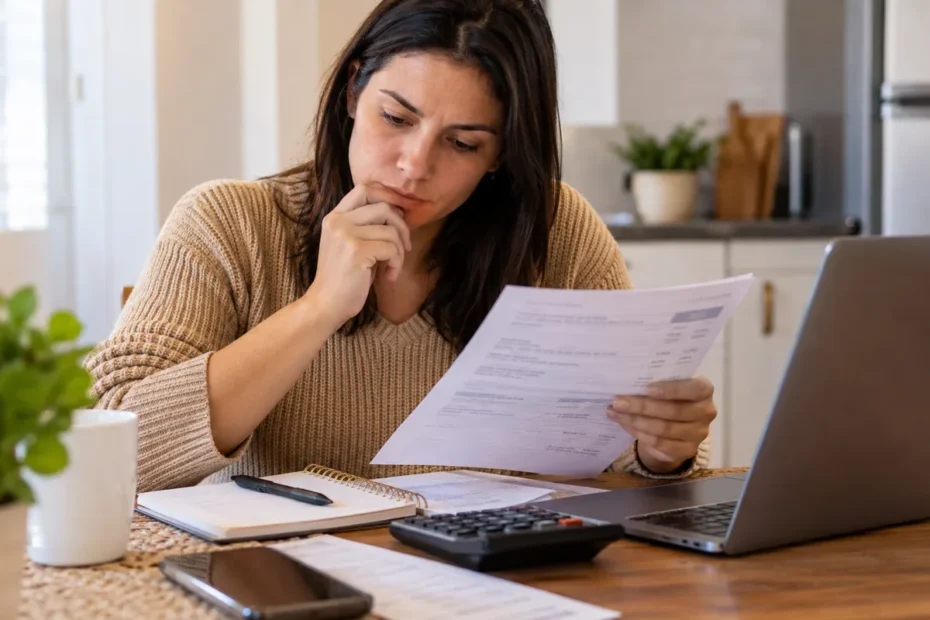 Mulher em casa analisa uma conta ao lado de notebook, calculadora e documentos financeiros