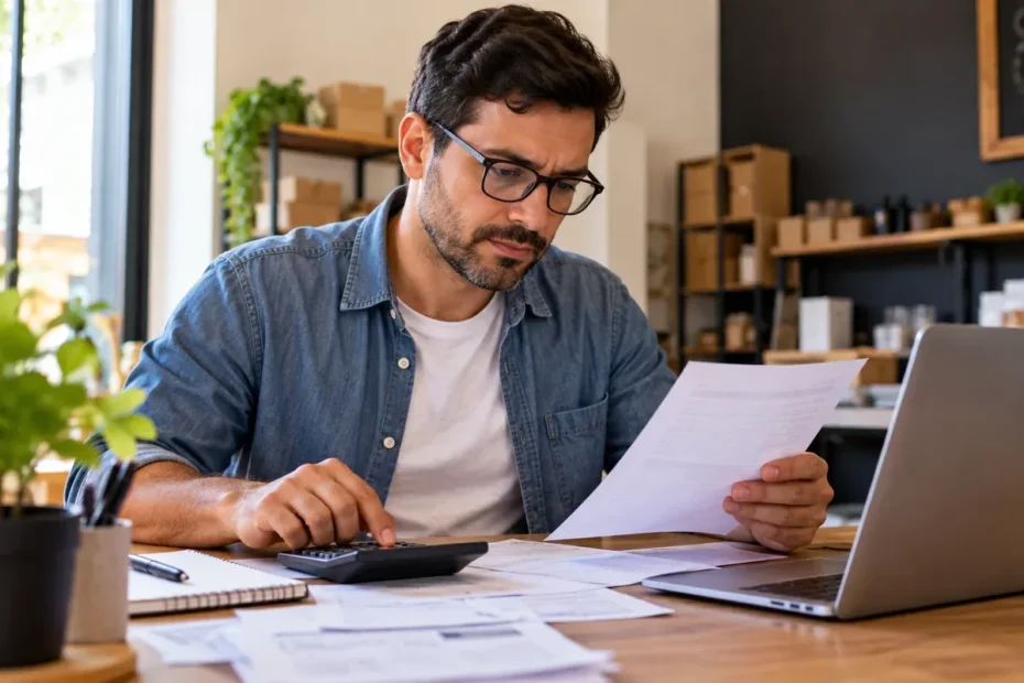 Microempreendedor sentado à mesa analisa documentos e utiliza calculadora ao lado de notebook