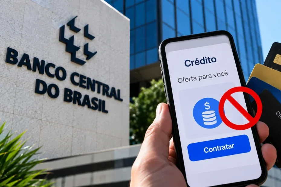Ilustração editorial do Banco Central, oferta de crédito no celular e símbolo de restrição a ofertas.