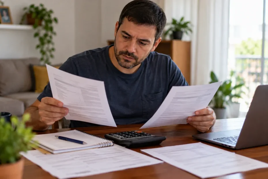 Pessoa analisando contrato de empréstimo e calculadora ao comparar taxas de juros em uma mesa de casa