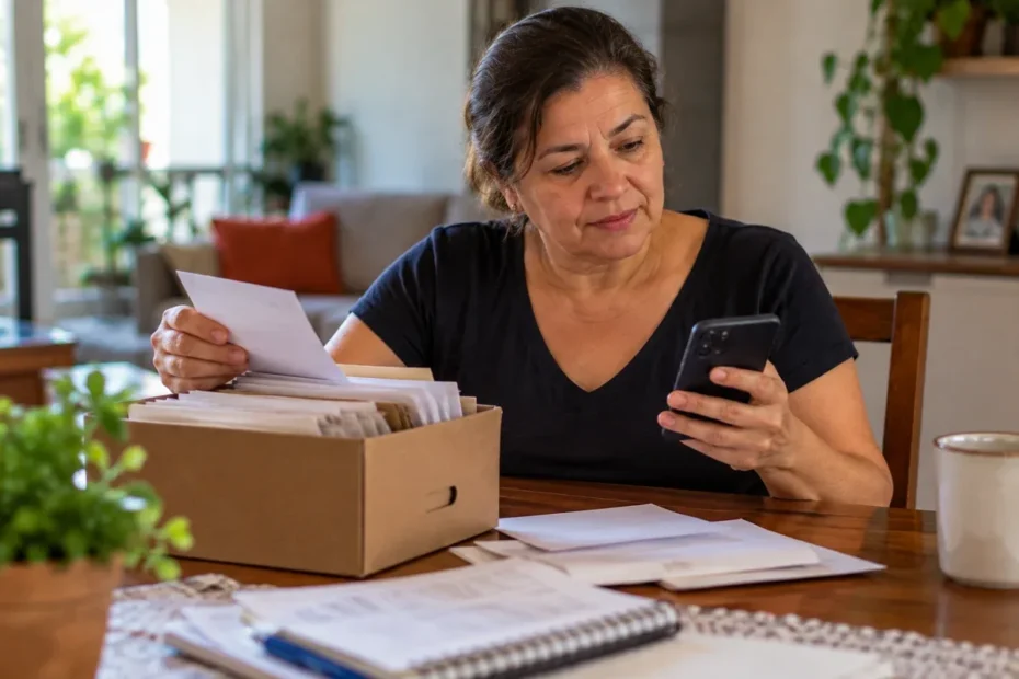 Mulher consulta seu dinheiro esquecido no celular, com documentos bancários sobre a mesa