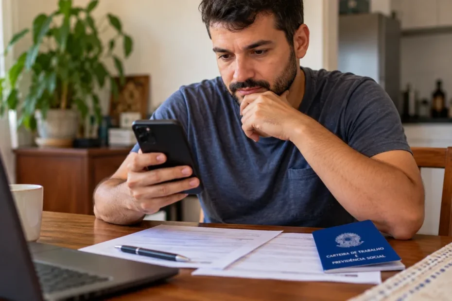 Pessoa em casa consulta pelo celular o pagamento do abono salarial, com carteira de trabalho e documentos sobre a mesa